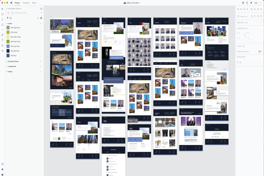 MKA Website in design application showing all of the pages spread out
