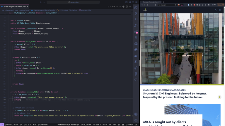 MKA Site Development showing code and a preview of the site